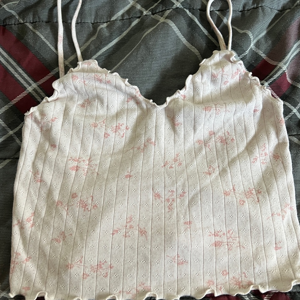 Floral print, Tan, cropped tank top. - Brandy Melville